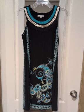 Studio One Black Dress with Teal and Aqua Paisley Embellishment